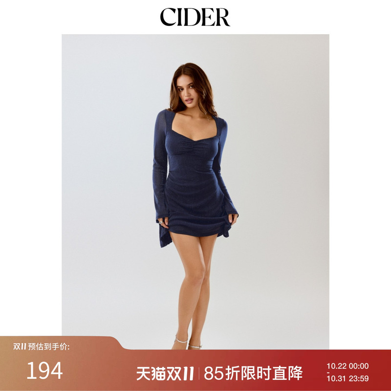 Cider2026 Early Autumn Outfit Sweet Sparkling Diamond Hollow Pleated Puff Sleeve Mini Dress 115101000