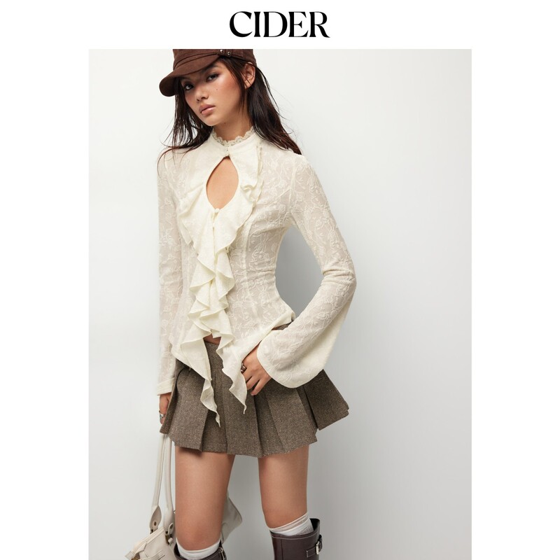 Cider2026 Autumn New Lace Ruffle Hollow Long Sleeve Top 115585722