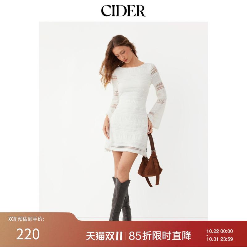Cider2026 Early Autumn Outfit Lace Boat Neck Tie Backless Bell Sleeve Mini Dress 115185127