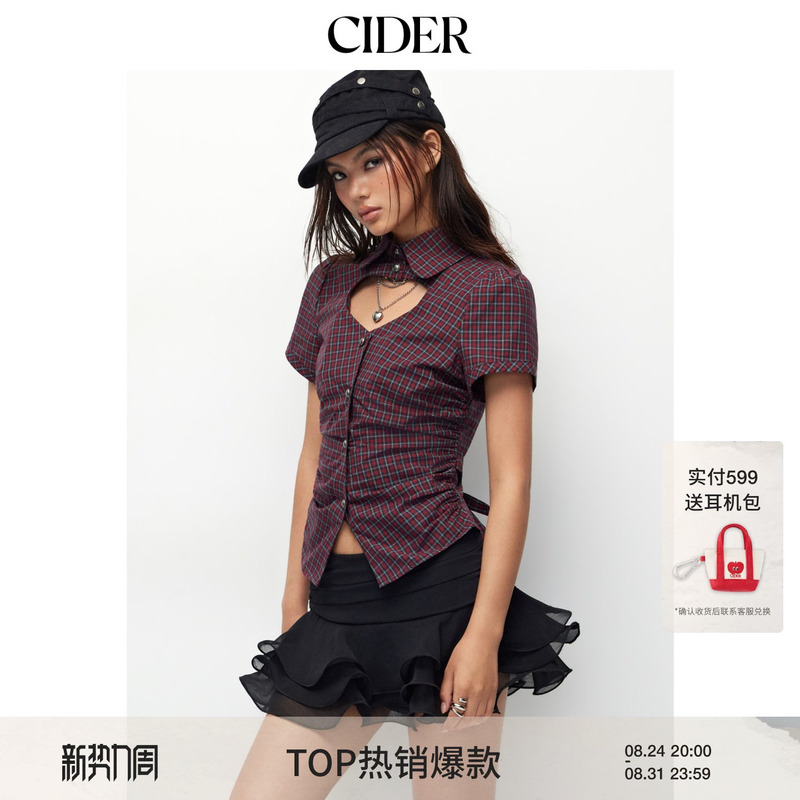 Cider2026 Autumn New Plaid Hollow Out Waist-Cinching Short-Sleeve Shirt 115539791