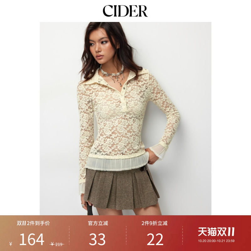 Cider American Style Early Autumn Women's Floral Lace Lapel Sheer White Lantern Sleeve Top 114782549