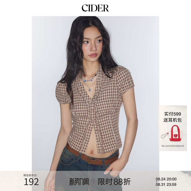 [Celebrity Style] Cidermiu V-Neck Plaid Waist-Tightening College Style Short-Sleeve Shirt 113883862