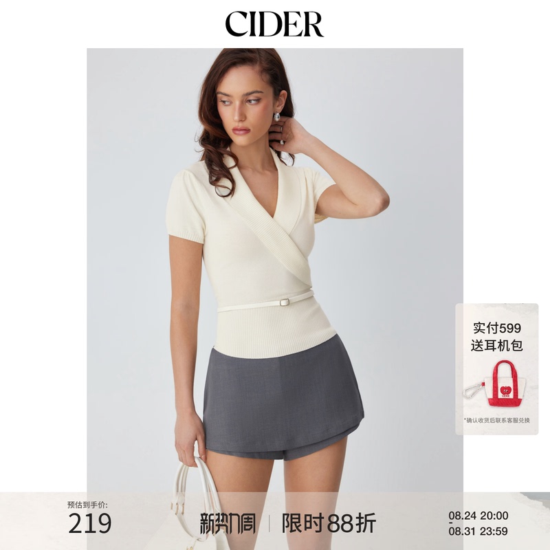 Cider2026 Spring New Product Knitted V Neck Wrap Short-Sleeved Lace-Up Top 115281940 Cider2026 Spring New Product Knitted V Neck Wrap Short-Sleeved Lace-Up Top 115281940