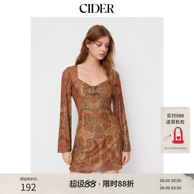 Cider Mesh Sweetheart Neckline Paisley O-Ring Ruffle Mini Long-Sleeve Dress 114791307 Cider Mesh Sweetheart Neckline Paisley O-Ring Ruffle Mini Long-Sleeve Dress 114791307