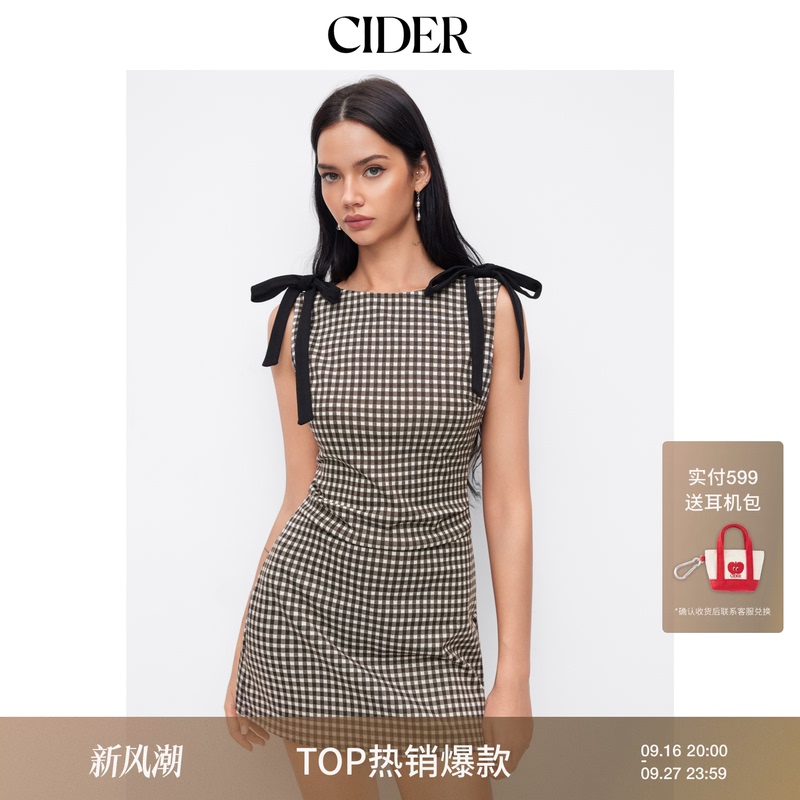 Cider Plaid Skirt with Bow Round Neck Design Sleeveless Vest Dress 114978033 Cider Plaid Skirt with Bow Round Neck Design Sleeveless Vest Dress 114978033
