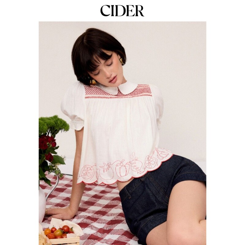 Cider Linen Blend Peter Pan Collar Puff Sleeve Embroidered Ruffle Top 115416938