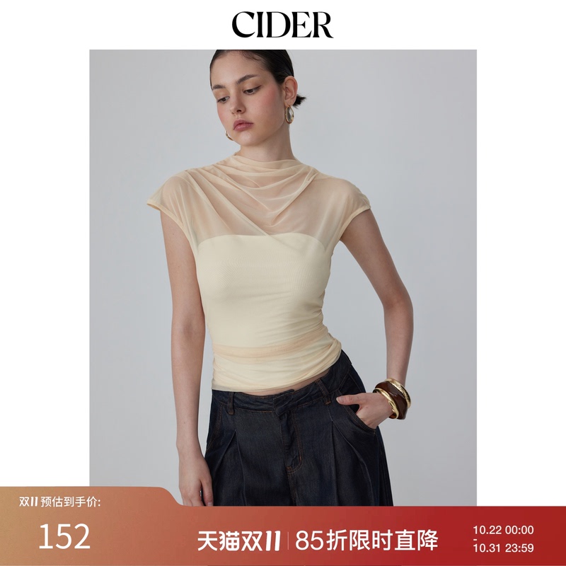 Cider2026 Early Autum New Product Mesh High-Neck Sleeveless Asymmetrical Draped Top 115365842