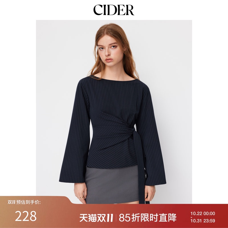 Cider Lace-Up Puff Sleeve Collar Shirt with Striped Boat Neck Design Top 114798464 Cider Lace-Up Puff Sleeve Collar Shirt with Striped Boat Neck Design Top 114798464