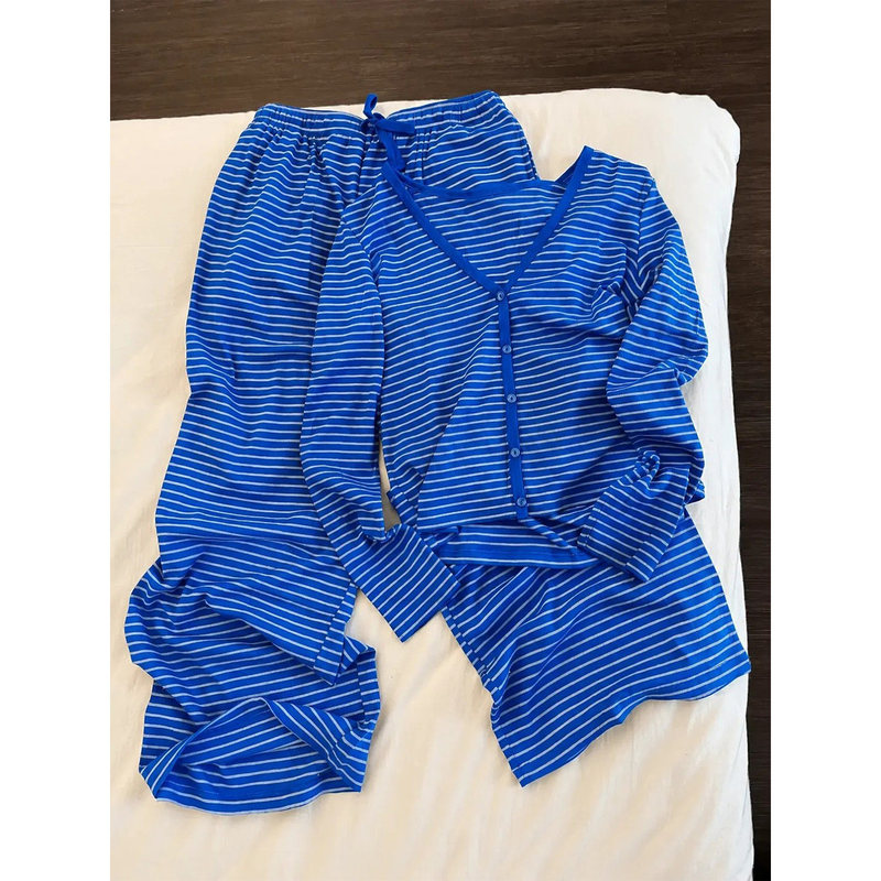 French Berydia White and Blue Striped Long-Sleeved Pajamas for Women 2026 New Autum Home Wear Set French Berydia White and Blue Striped Long-Sleeved Pajamas for Women 2026 New Autum Home Wear Set