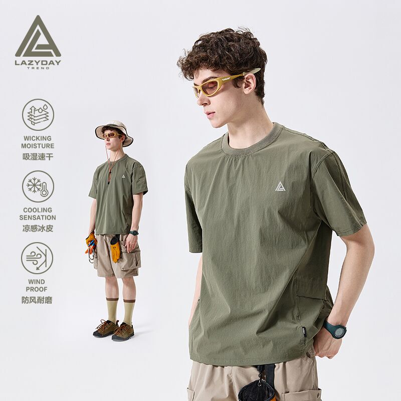 Lazy Day Outdoor Mountain-Style Moisture-Absorbing and Quick-Drying T-Shirt for Men in Summer, Loose, Lightweight, Cool-Feeling Hiking Workwear Short-Sleeved Shirt