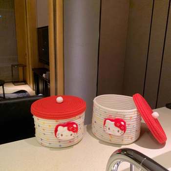 Cute cat cotton rope storage basket woven large capacity desktop dustproof storage bucket with lid storage bucket debris storage basket for household use