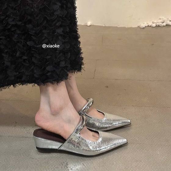 内增高坡跟尖头包头半拖鞋女外穿2025新款春夏绝美玛丽珍穆勒单鞋