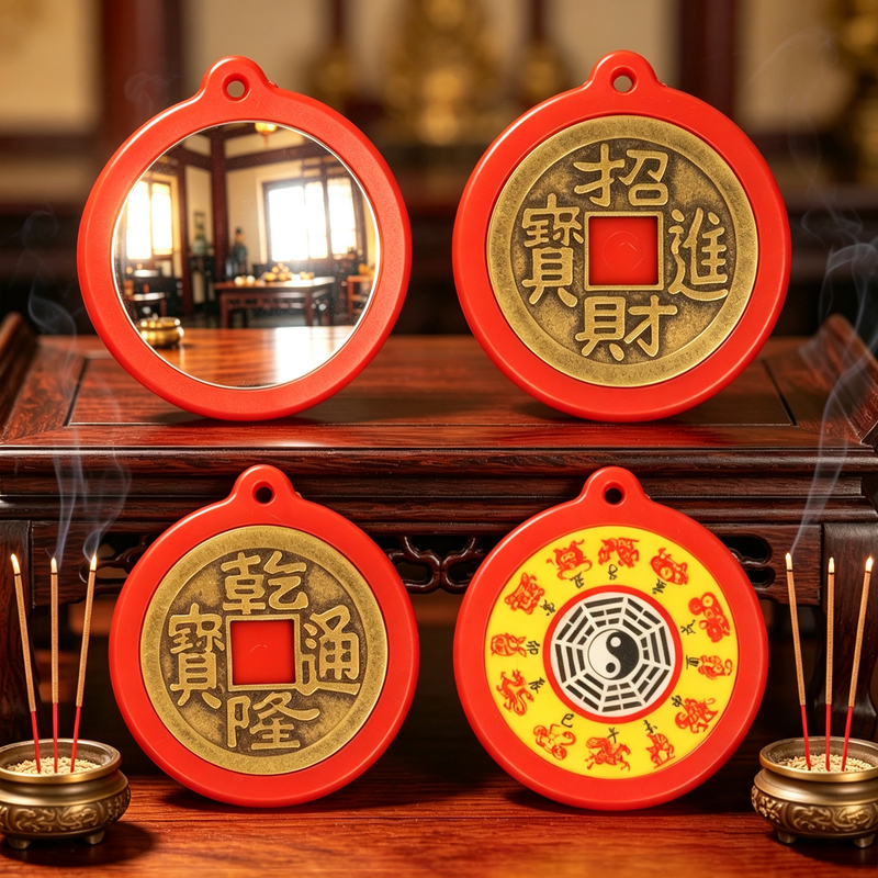 Feng Shui Red Mirror, Small Size for Doors, Windows, and Wardrobes, Featuring Five Emperors Coins and Twelve Zodiac Coins for Attracting Wealth, Weddings, and Home Protection Feng Shui Red Mirror, Small Size for Doors, Windows, and Wardrobes, Featuring Five Emperors Coins and Twelve Zodiac Coins for Attracting Wealth, Weddings, and Home Protection