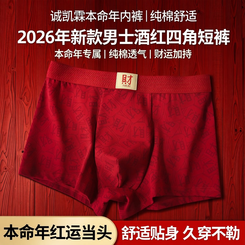 Chengkailin Men's Pure Cotton Boxer Briefs for the Year of Birth, 2026 New Model, Boys' Wine Red Boxer Shorts