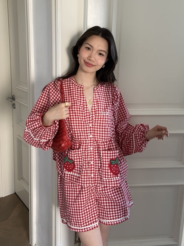 Sissel Edelbo Danish Niche French-Style Embroidered Strawberry Red Plaid Loose Long-Sleeved Shirt Casual Shorts