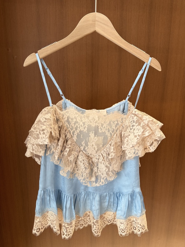 Seanewyork French-Style Blue Fashionable Sweet and Romantic Lace Patchwork Adjustable Strap Camisole Top