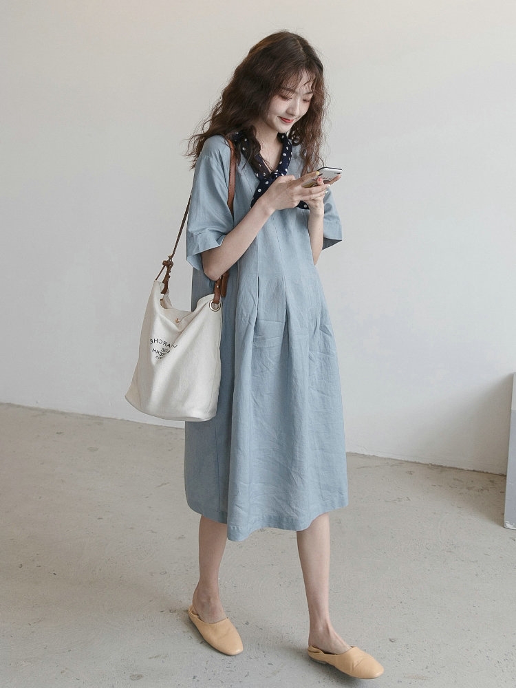 Pregnant Woman Foreign Dress Summer Temperament Long Version Loose of Thin Cotton Hemp A Character Dress Damp Ma Ma's Aging Summer Dress