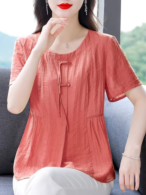 Kalvlta Cotton and Linen Short-Sleeved Shirt for Women Summer New Age-Reducing Loose Large Size Western-Style Shirt to Cover the Belly Top