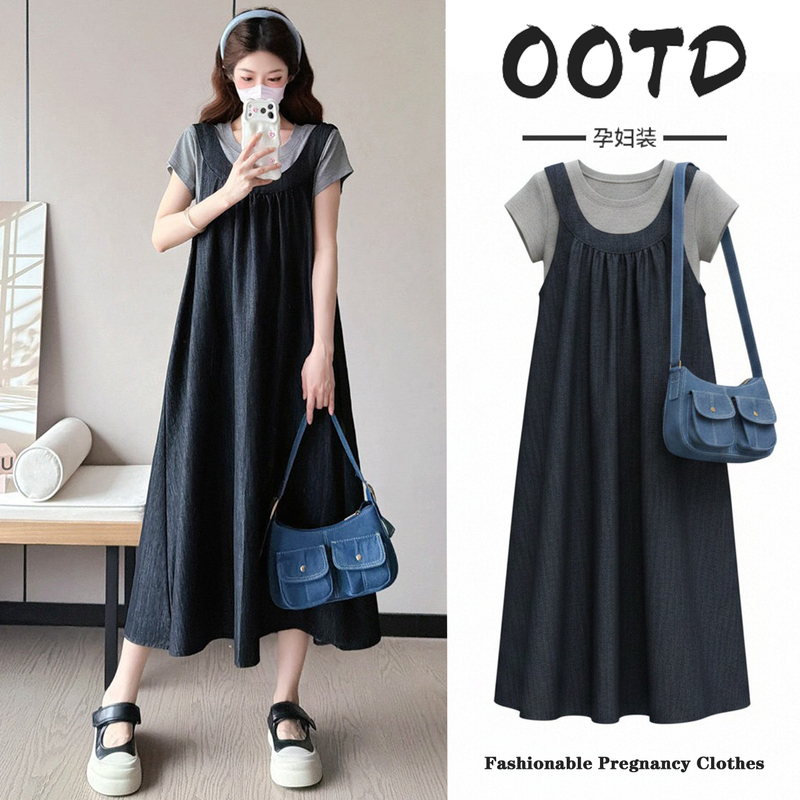 Maternity Dress Summer Thin Style 2026 New Model, Stylish Denim Casual Two-Piece Long Dress for Pregnant Women