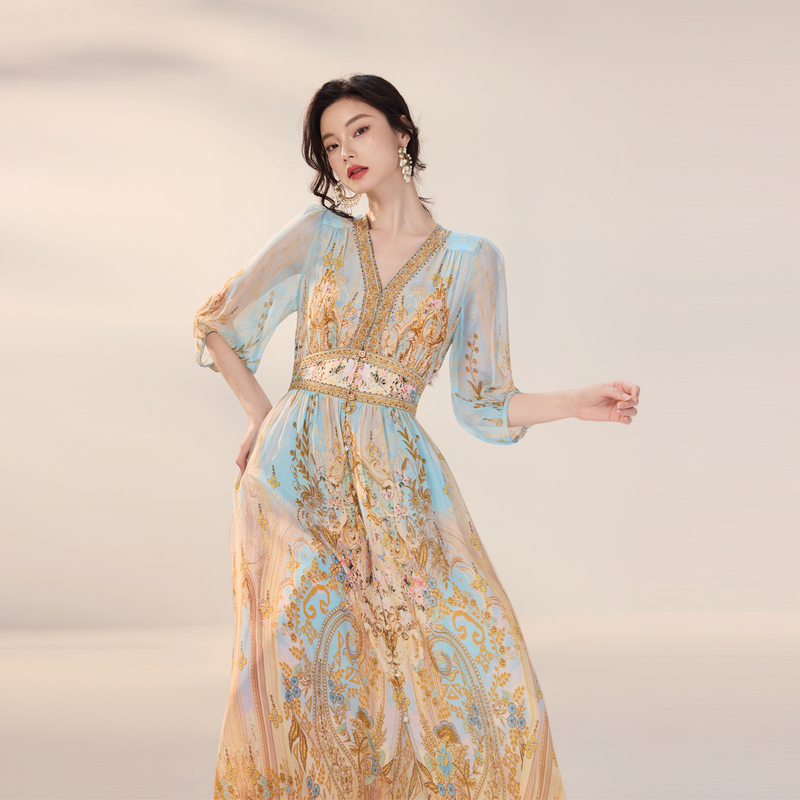 Zday Silk Printed Dress for Women 2026 Summer New Vintage Palace Style High-Waisted Mulberry Silk Elegant Long Dress