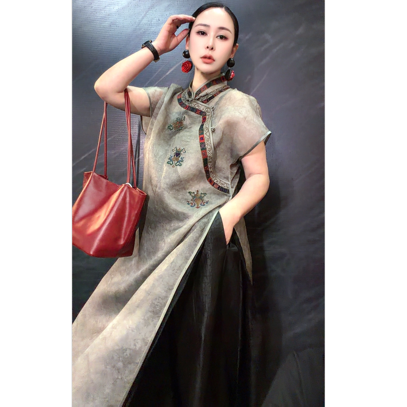 【Oblique Embroidery·Long Wind】Liqi New Chinese Style Light Luxury Oblique Placket Embroidered Long Trench Coat A7392