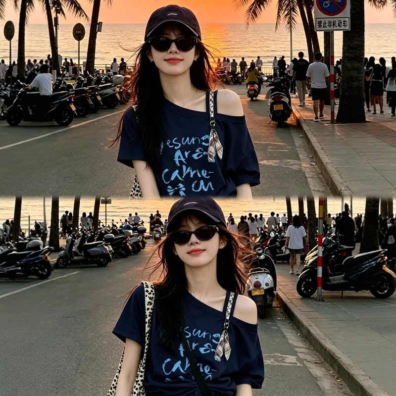 American-Style Trendy Lettered One-Shoulder Ribbon Short-Sleeve T-Shirt for Women, Summer Loose Design, Niche Off-Shoulder Top