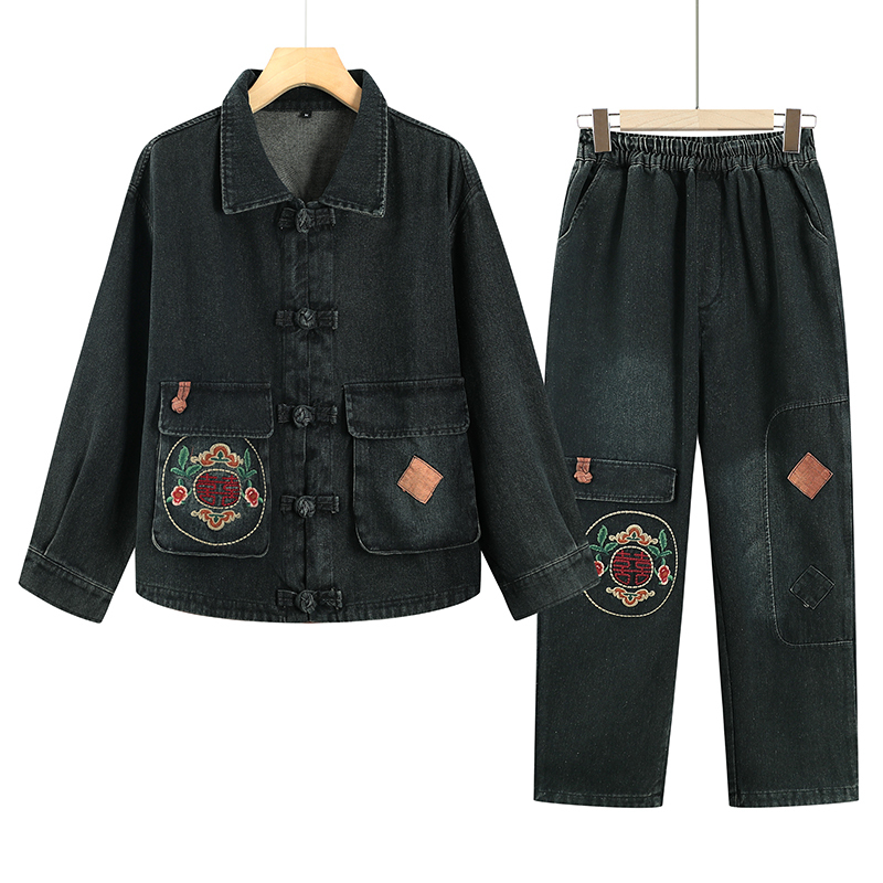 Middle-Aged and Elderly Women's Clothing, Chinese Style Denim Suit, Fashionable and Age-Reducing, Plus-Size Denim Two-Piece Set, Middle-Aged and Elderly Women's Clothing