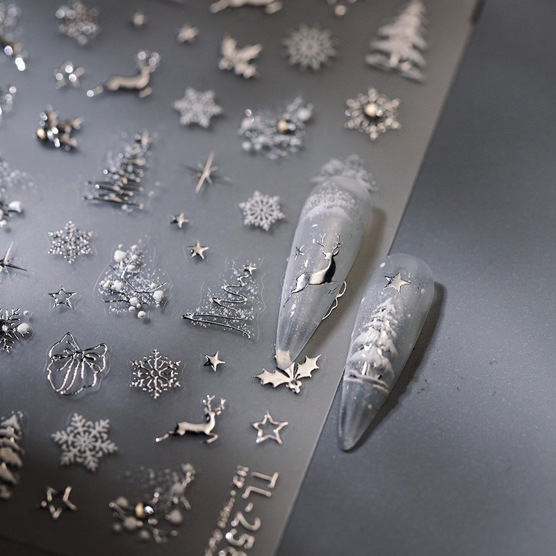 New Christmas Nail Stickers with Embossed Crystal Diamonds, Gold and Silver Foil Snowflakes, Reindeer, Stars, and Christmas Tree Nail Decals