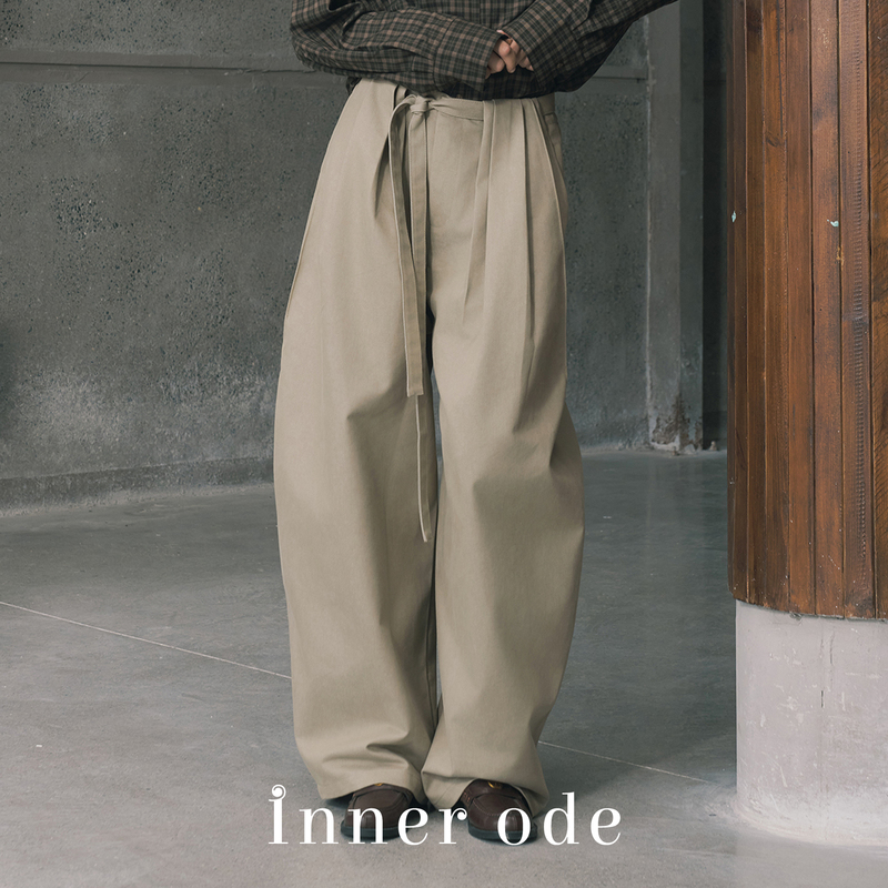 Inner Ode Artistic Girl/Fashionable Structured Cotton Blend Waist-Tie Design Cocoon-Shaped Trousers