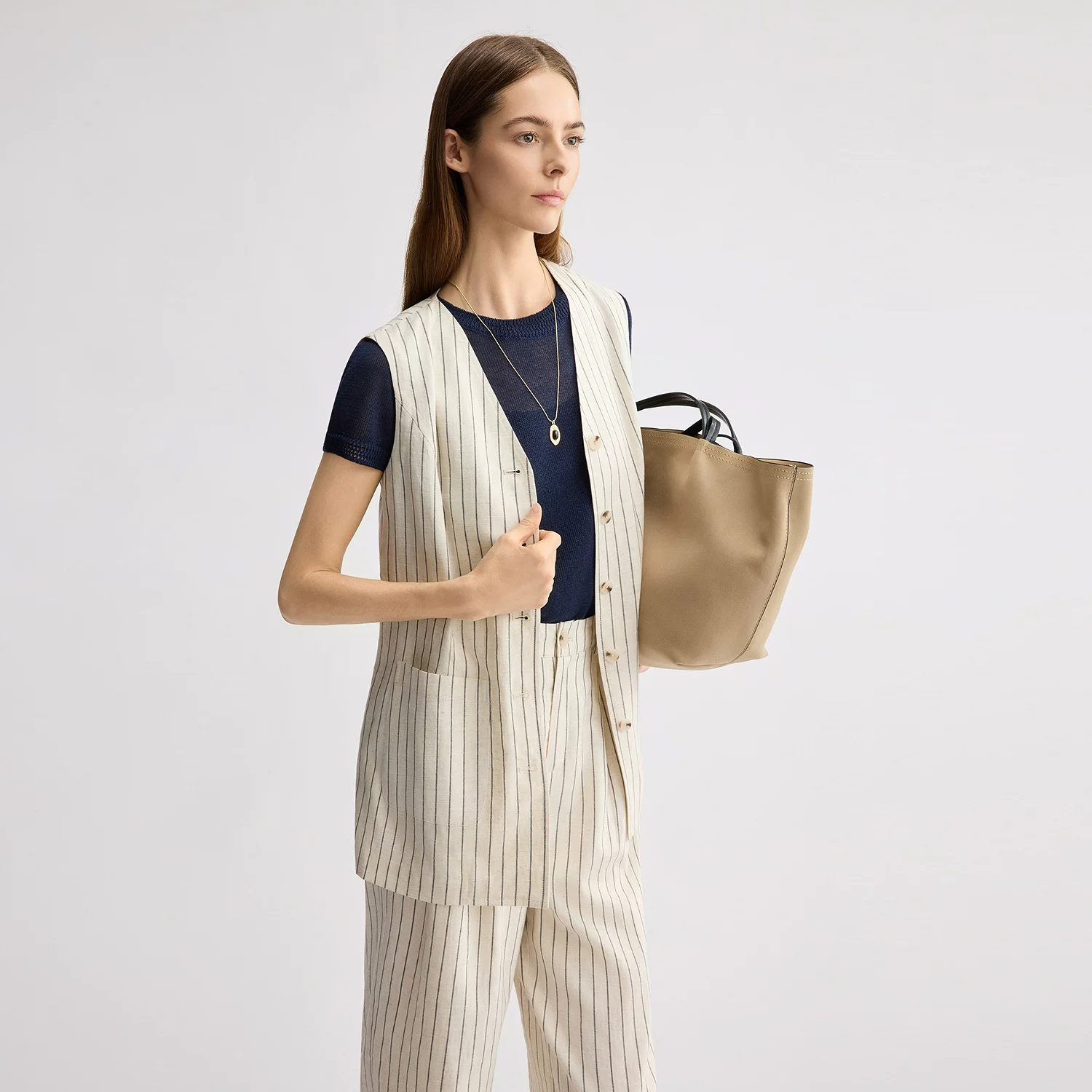[Lyocell хлопок и лен] BCBG2026 весна новая мода простая безрукавка в полоску топ женский безрукавка