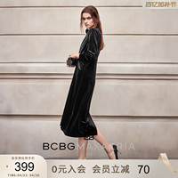 BCBG autumn and winter women's fashionable and elegant design simple casual twist ruffled suede long-sleeved dress black