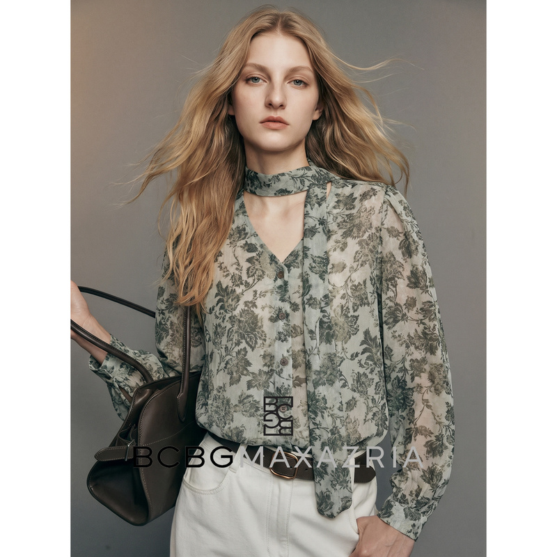 Bcbgmaxazria Retro Green Tone V Neck Tencel Linen Halter Neck Ribbon Floral Long-Sleeved Shirt for Women in Autumn and Winter Bcbgmaxazria Retro Green Tone V Neck Tencel Linen Halter Neck Ribbon Floral Long-Sleeved Shirt for Women in Autumn and Winter