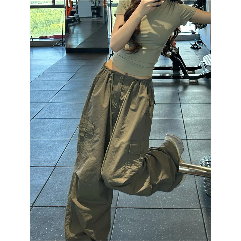 Huang Jiji Army Green Quick-Drying Cargo Pants for Women, Summer Thin Style, Cool and Stylish, High-Waisted Wide-Leg American-Style Hiking Pants