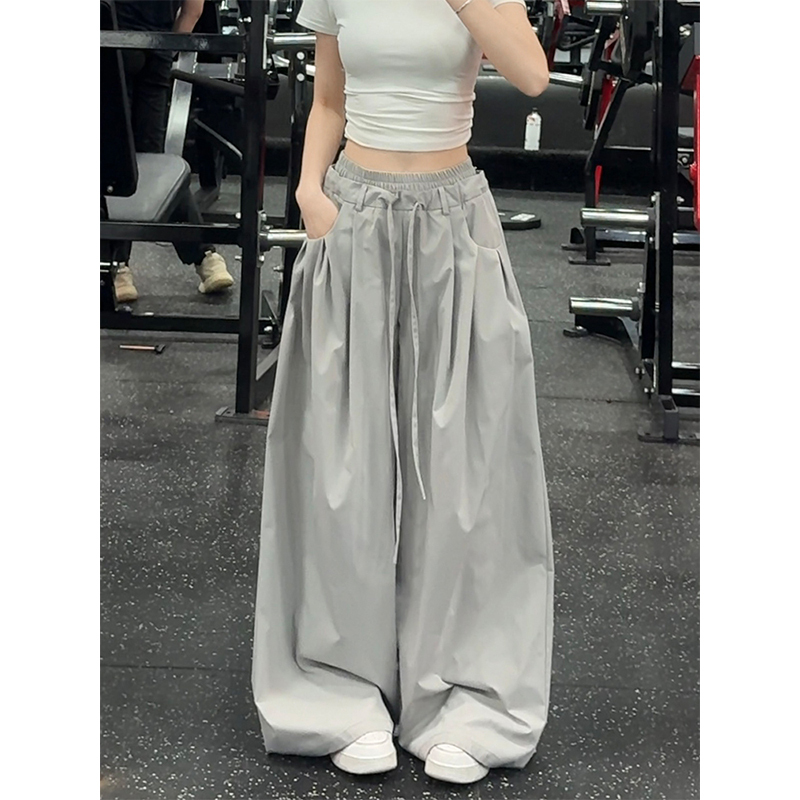 Huang Jiji American-Style Paratrooper Cargo Pants for Women, Summer Thin Cool Loose Scimitar Wide-Leg Pants, Straight-Leg Floor-Length Casual Pants