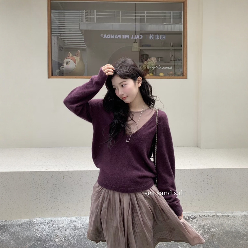 Seasandsalt Genuine 26 Autumn Korean Style Gentle Purple V-Neck Knitted Sweater for Women Versatile Lazy Top