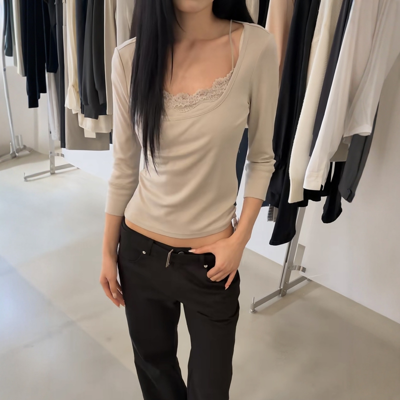 Saidtome Authentic Korean Style Lace Trim Camisole Fake Two-Piece Three-Quarter Sleeve T-Shirt for Women Versatile Slimming Top Saidtome Authentic Korean Style Lace Trim Camisole Fake Two-Piece Three-Quarter Sleeve T-Shirt for Women Versatile Slimming Top