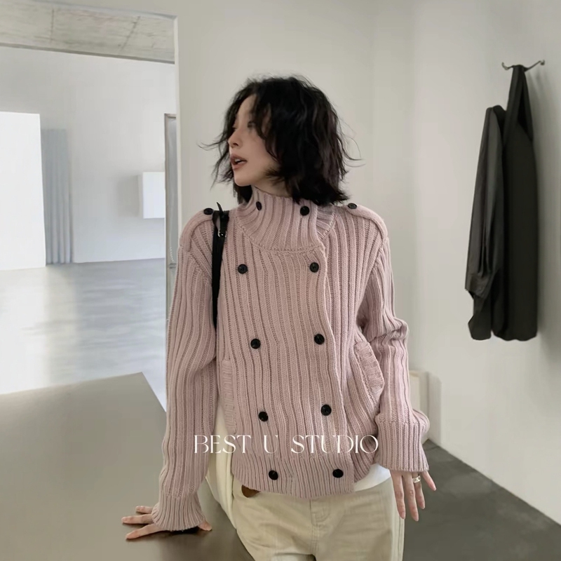 Best U Authentic 2026 Autumn and Winter Wool Blend High-Neck Buttoned Knit Ribbed Pink Sweater Jacket for Women