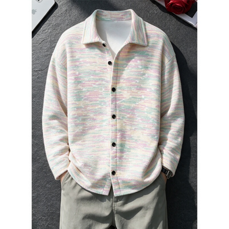 Colorful Tie-Dye Knitted Long-Sleeve Shirt Jacket for Men, Autumn American Style, High-End Couple's Regular Shoulder Shirt