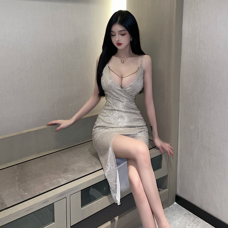 Nightclub Sexy Women's Low-Cut Backless Gold Glitter Strap Dress with Irregular Slit Mid-Length Skirt