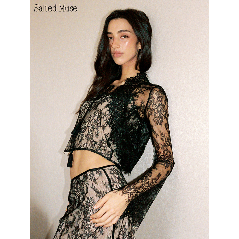 Saltedmuse French Tassel Lace-Up Short Lace Cardigan the Lucienne Saltedmuse French Tassel Lace-Up Short Lace Cardigan the Lucienne