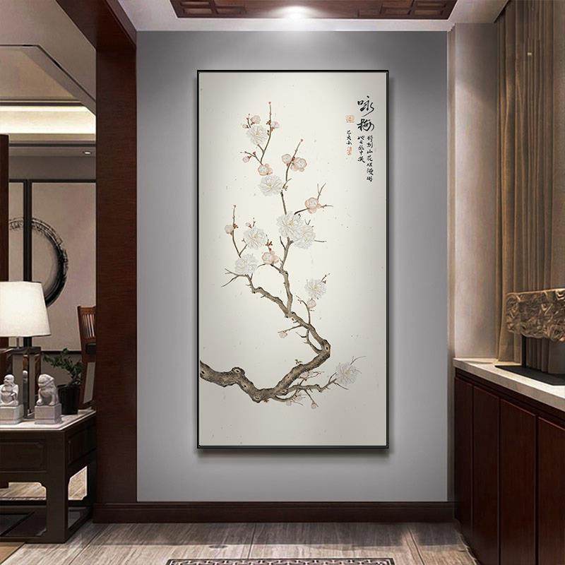 入户玄关走廊过道装饰画新中式挂画客厅背景墙画花鸟玄幻壁画竖版
