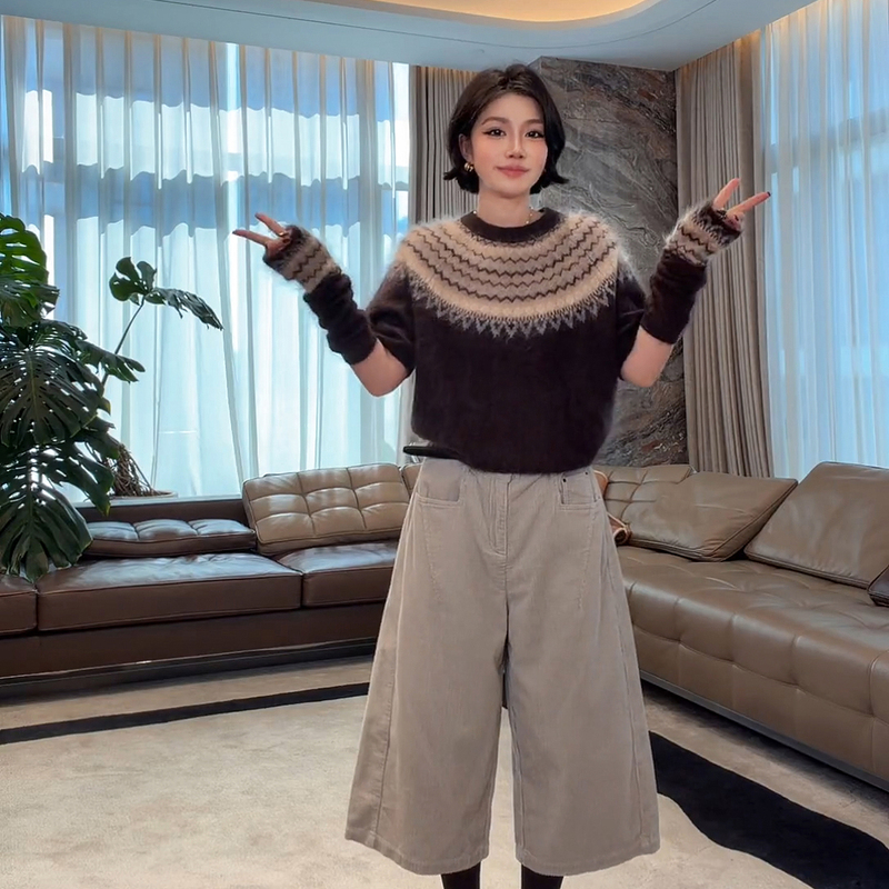 Me Lao Yang's Clothing [Fair Isle Pattern with Sleeve Cuffs] 100% Sheep Wool Vintage High-End Crew Neck Sweater