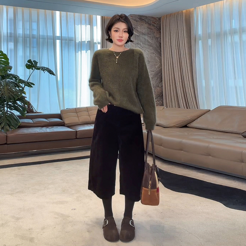 Me Lao Yang's Clothing [Knight Boot Pants with Belt] Corduroy Fashionable Versatile High-Waisted Cropped Casual Pants