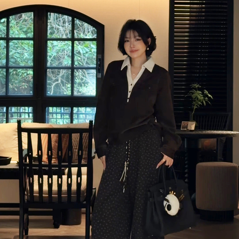Me Lao Yang's Clothing [Kensington District (Fake Two-Piece)] Velvet-Feel Fashionable Versatile Shirt Top