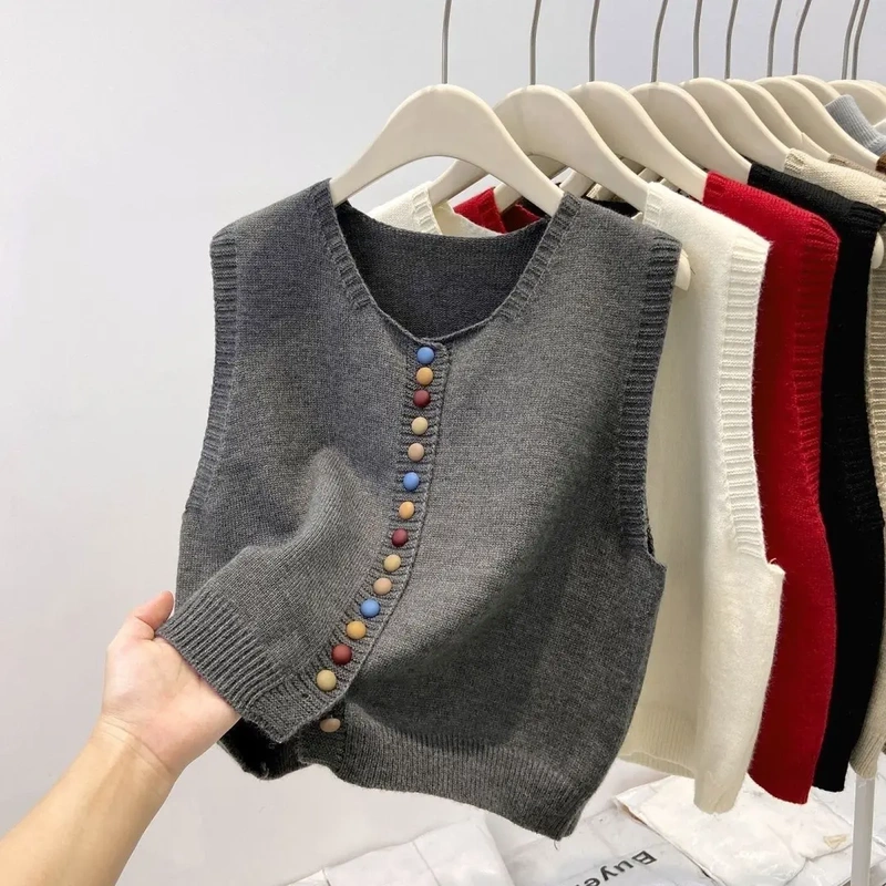 Unique and Stylish Rainbow Button Knit Round Neck Vest for Women, Loose and Fashionable for Layering in Spring and Autumn