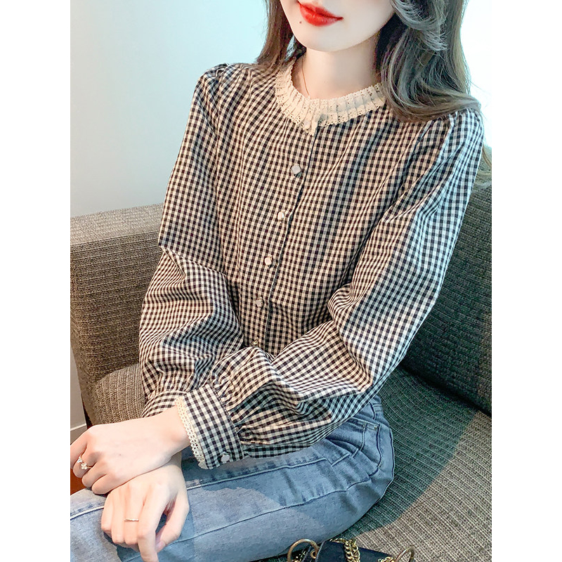 French Retro Round-Neck Lace Plaid Shirt for Women in Autumn and Winter, Fleece-Lined and Thickened, Long-Sleeved, Elegant, Fashionable and Slimming Shirt