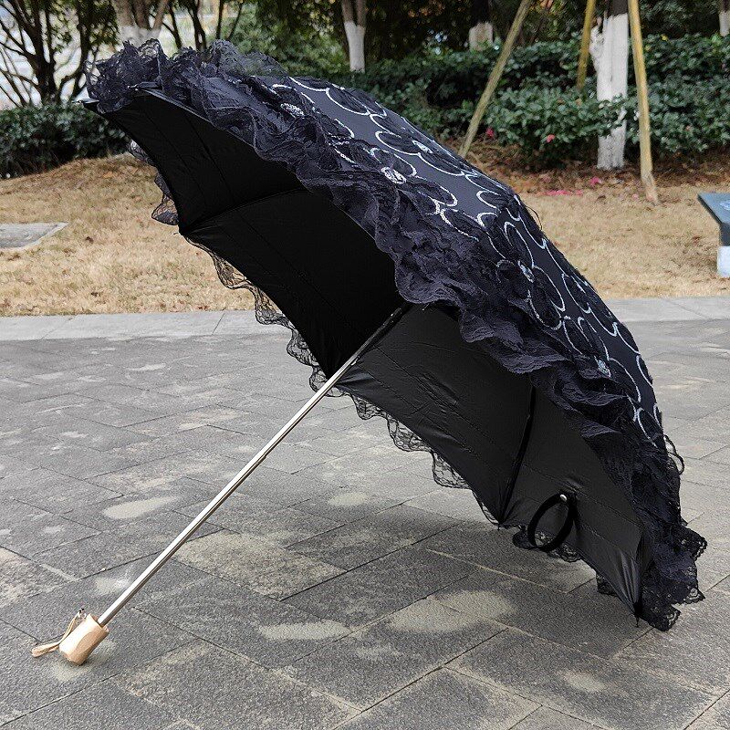 黑色蕾丝亮片太阳伞防紫外线二折黑胶晴雨两用防晒高档公主洋伞