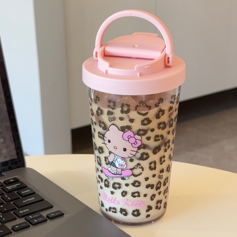Coka Girls' Leopard Print Kitty Straw Cup Tritan High-Capacity Coffee Cup with Good Looks and Large Capacity, a Gift for Chinese Valentine's Day