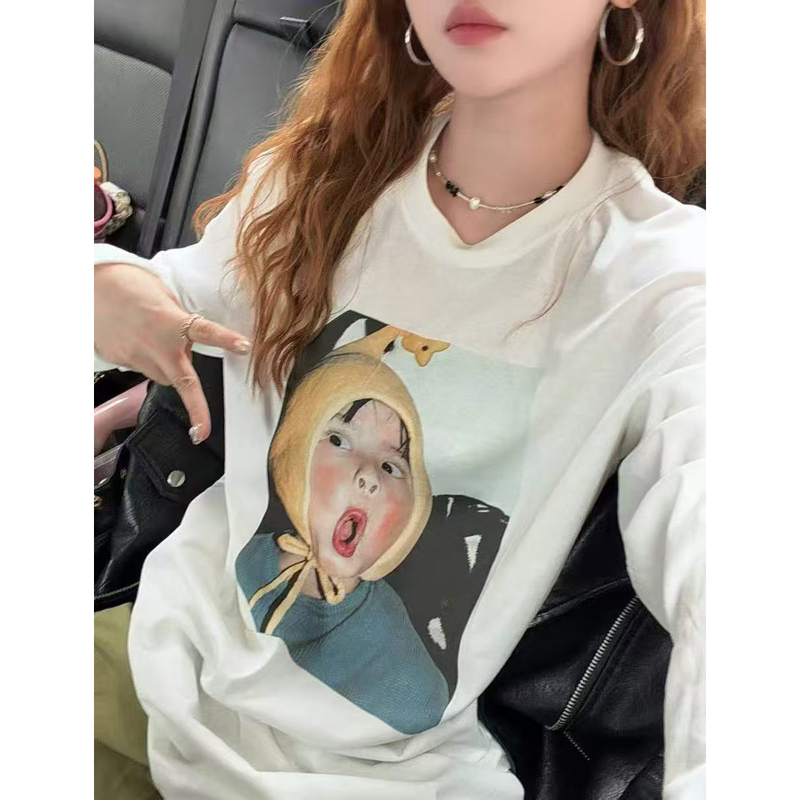 Korean-Style Design with Small Nose and Human Head Print, Loose Long-Sleeve Top for Women, New Spring/Summer Niche Youthful Top