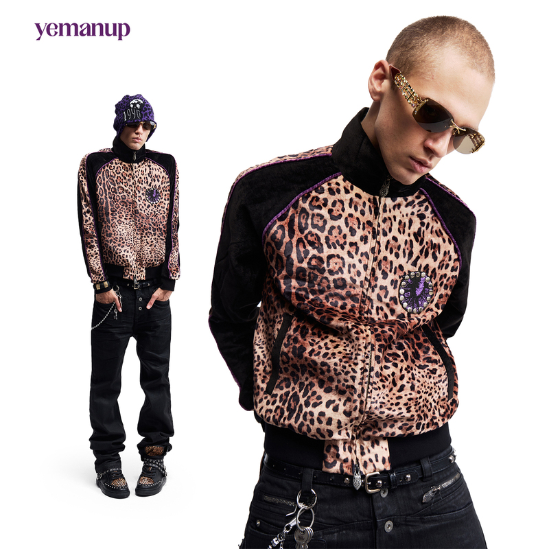 Yemanup* "Choose Life" Purple Ribbon Leopard Print Jacket Embroidered Rhinestone Stand Collar Velvet Short Coat